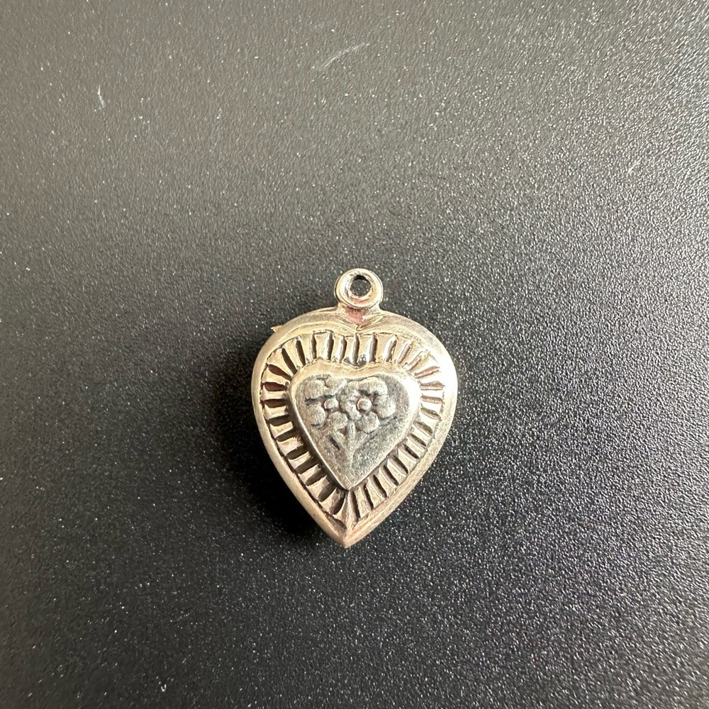 Vintage Sterling Silver Puffy Heart Charm intricately carved floral design